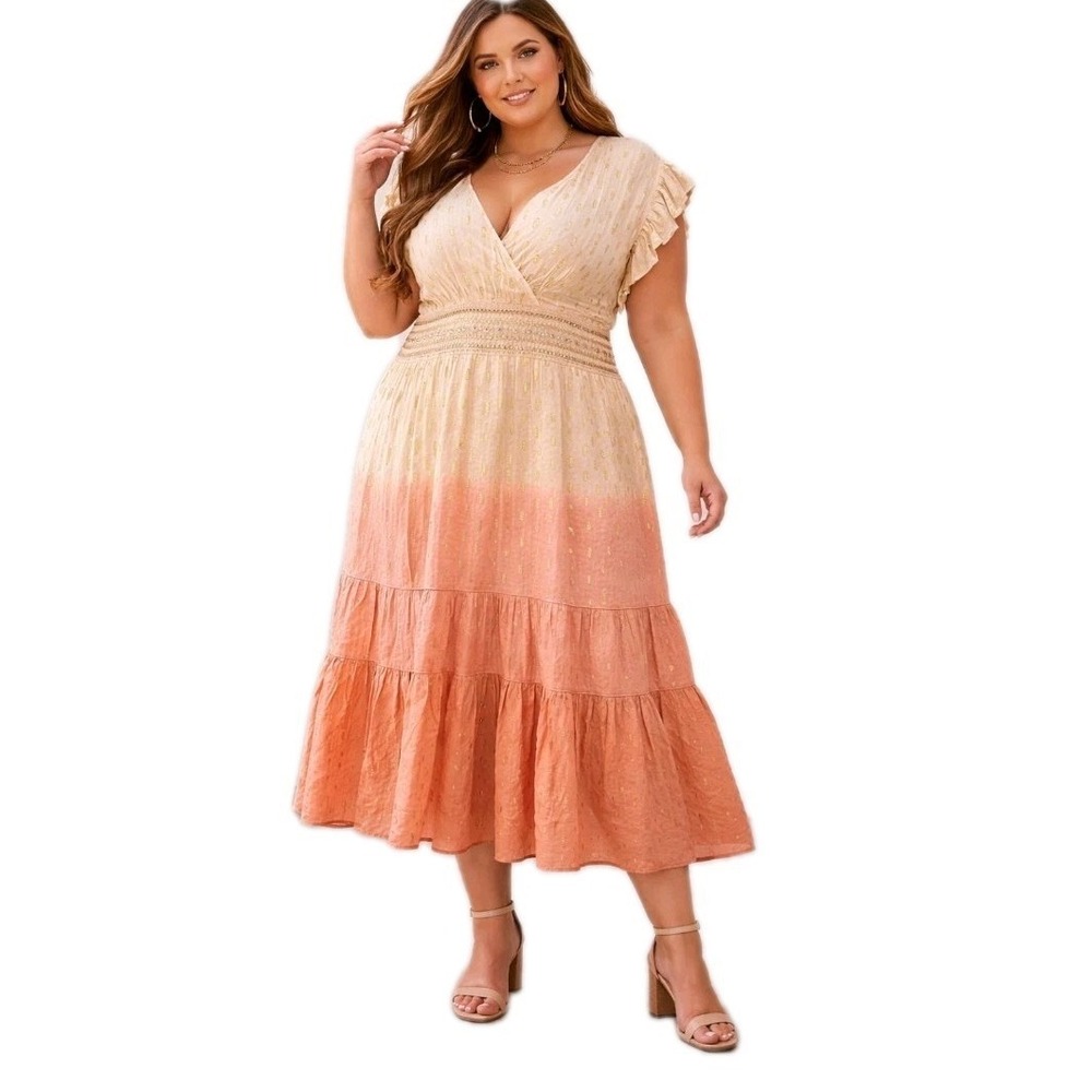 Sweet Magnolia Boho Womens‎ XXL Peach Ombre Maxi Dress Metallic Accent Ruffle